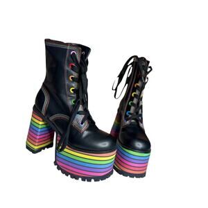 Dolls Kill Club Exx Pride Platform Boots Women's 7 Black Rainbow Lace Up 5" Heel